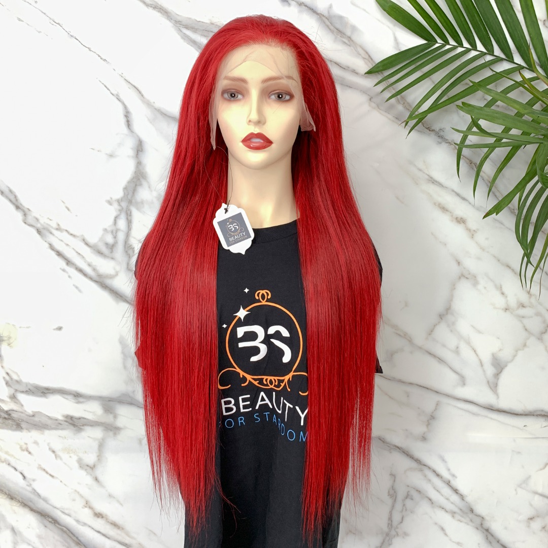 Virgin hair  straight red lace frontal wig 24inch, 200% density