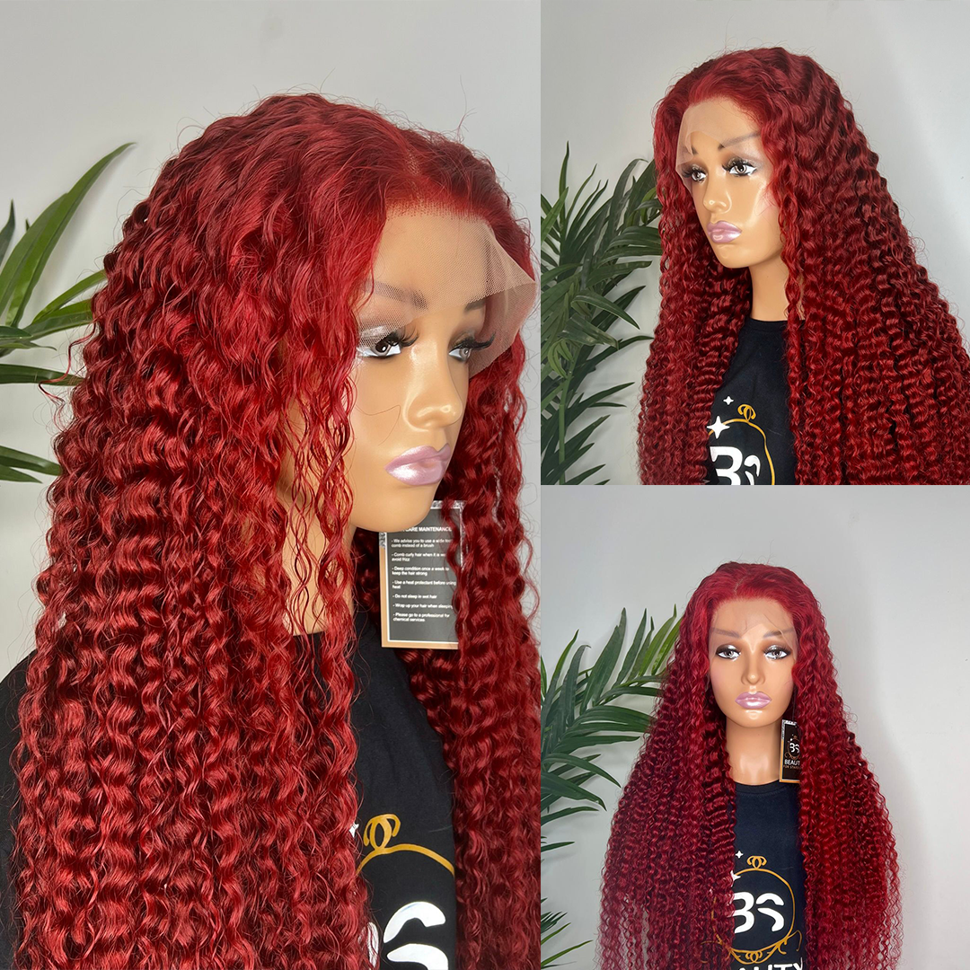 Deep Curly Lace Frontal Wig Transparent 99J Burgundy 13*4 Lace Frontal wig virgin hair